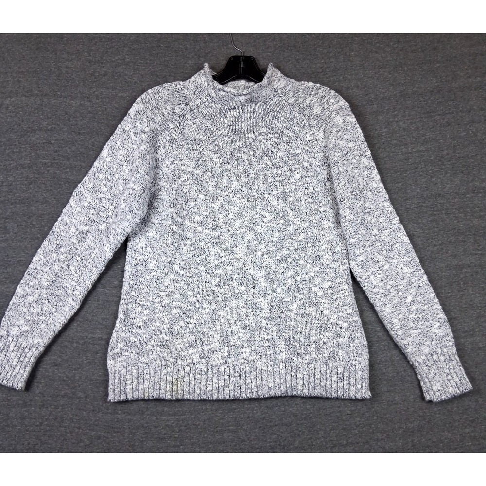 LL Bean Sweater Womens S Black White Heathered Roll Neck Fisherman Coastal Cabin